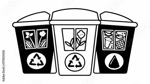 Three recycling bins with different symbols for sorting waste materials in black and white illustration on transparent background silhouette