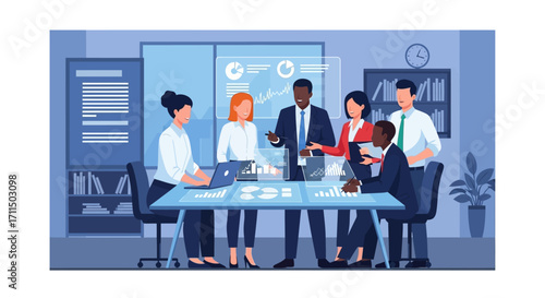 Business Team Collaboration and Data Analysis in a Modern Office Environment