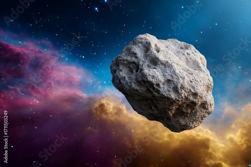Asteroid floating in vibrant cosmic nebula with starry background