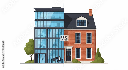 Workplace Comparison Modern Office Building Versus Traditional Home