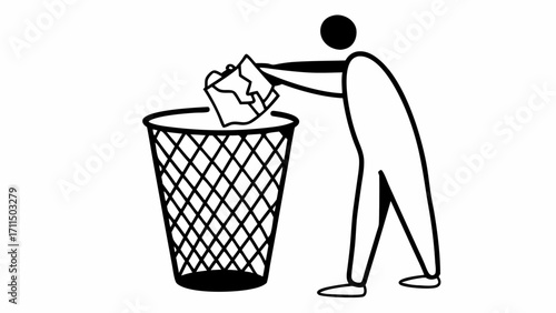 Stick figure throwing crumpled paper into a wire mesh trash can in black and white drawing style on transparent background silhouette