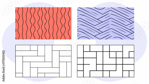 Illustration showing four rectangular patterns with wavy lines and geometric block arrangements in different colors on transparent background silhouette