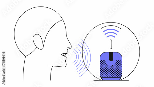Outline of a person speaking to a smart speaker with wireless communication signals depicted nearby it on transparent background silhouette