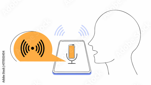 Person speaking to a tablet with microphone and wifi signal illustration design concept art on transparent background silhouette