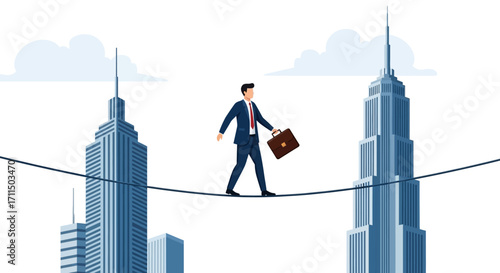 Businessman walking on a tightrope between two skyscrapers, a metaphor for business risk, corporate challenges, and career balance
