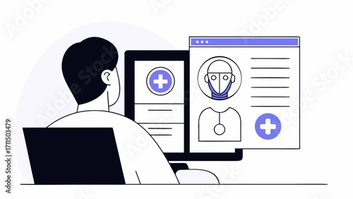 Person using computer for telehealth consultation with doctor profile on screen for medical assistance on transparent background silhouette
