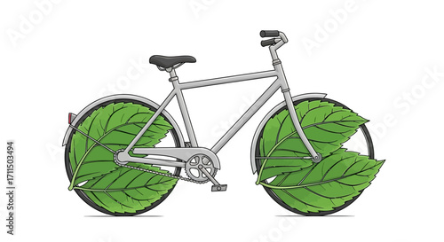 Conceptual illustration of an environmentally friendly bicycle with large green leaves for wheels, promoting a sustainable lifestyle