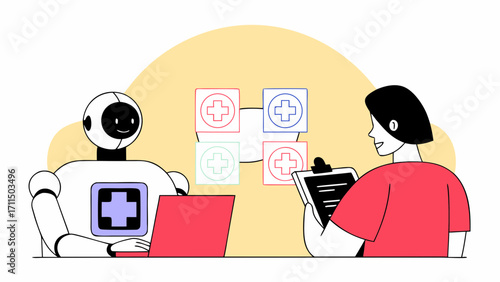 Robot using laptop with health symbols and person holding clipboard in a medical setting illustration on transparent background silhouette