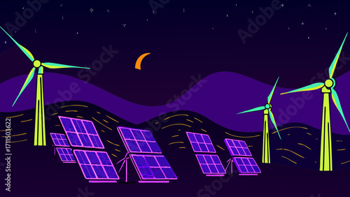Illustration of wind turbines and solar panels under a night sky with a crescent moon and stars above hills on transparent background silhouette