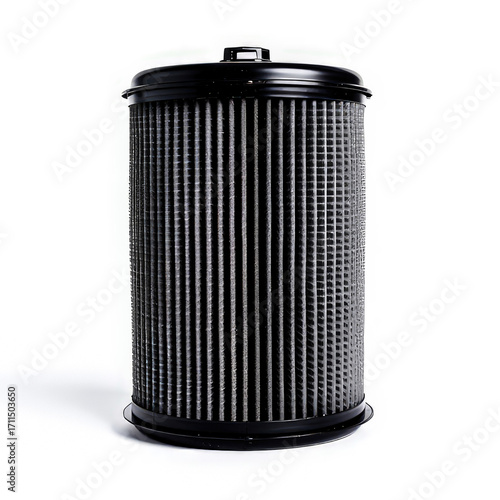 A cylindrical black air filter designed for industrial or automotive use.