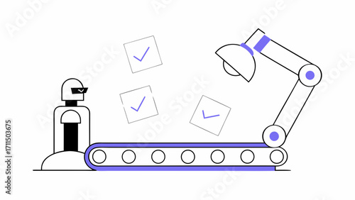 Robot overseeing quality control with conveyor belt and robotic arm inspecting boxes with checkmarks on transparent background silhouette