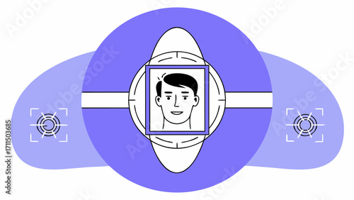 Illustration of a face scan on a wearable device with target icons on the sides in a purple theme on transparent background silhouette