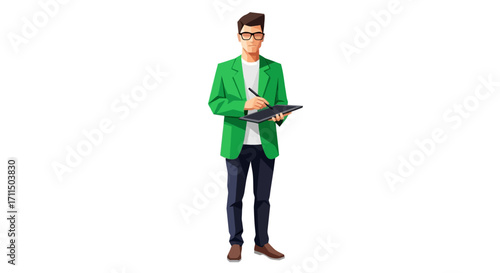 Full-length illustration of a stylish young businessman in a green blazer taking notes. A vector character concept for professionalism and efficient workflow