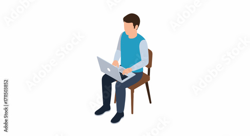 Person sitting on chair using laptop computer, isometric view illustration