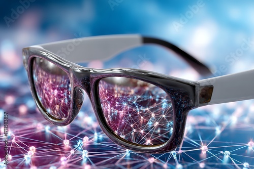 Futuristic glasses reflecting digital network connections in virtual reality