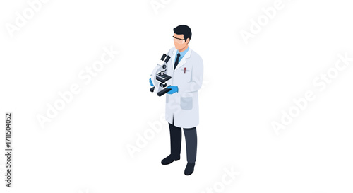Dedicated scientist in a protective lab coat and gloves, meticulously holding a microscope, symbolizing advanced research, medical discovery, and laboratory innovation in a clean, modern setting