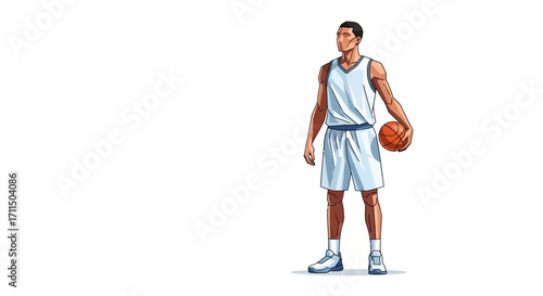 Vibrant digital illustration of a male basketball player in a white uniform, holding a basketball. Represents athleticism, competitive spirit, and a healthy active lifestyle