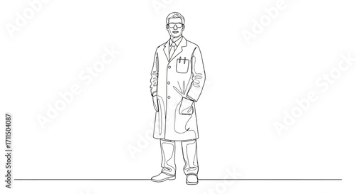 Elegant minimalist continuous line illustration of a confident professional wearing a lab coat and safety glasses, symbolizing scientific research, innovation, and expertise