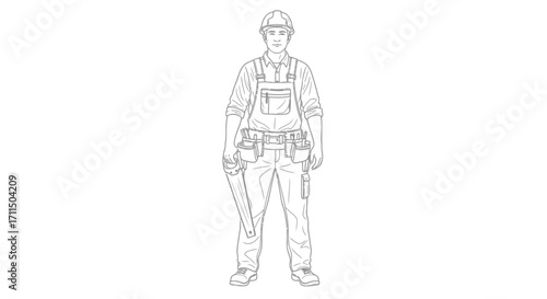 Detailed Line Art Illustration of a Diligent Construction Worker Standing with Tools, Symbolizing Hard Work and Skilled Craftsmanship in Building Trades