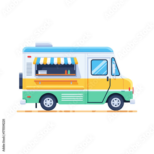 A colorful food truck illustration with a striped awning, side window, and a yellow and green body.