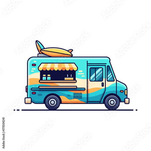 Illustration of a blue food truck with a yellow surfboard on top, featuring a striped awning and beach-themed decorations.