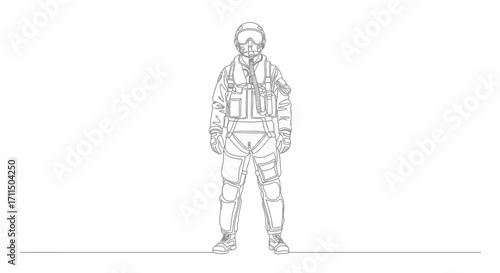 Continuous one-line art illustration portraying a professional pilot or astronaut in a protective flight suit, symbolizing courage, exploration, and advanced technology