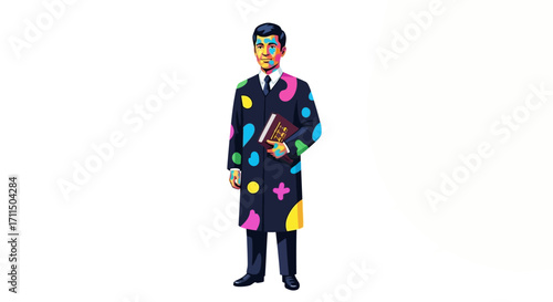 Vibrant Abstract Art Depicting a Man in a Coat Adorned with Colorful Splashes and Holding a Book