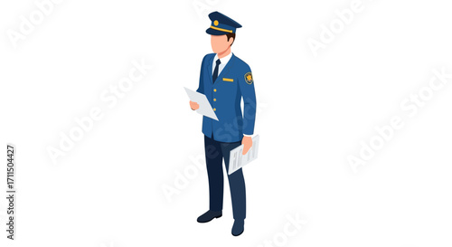 Police Officer Standing Holding Documents, Uniformed Man with Hat and Papers, Full Body View