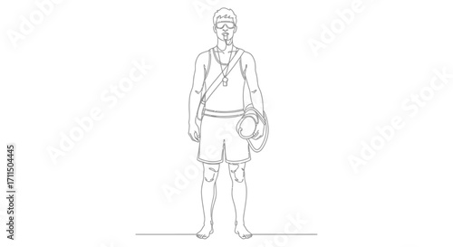 Outline Drawing of a Lifeguard with Rescue Can and Gear for Water Safety