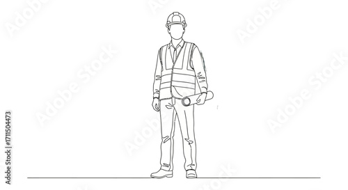 Continuous line art illustration portraying a professional construction worker or engineer in a hard hat and safety vest, holding a blueprint, symbolizing industry expertise and safety