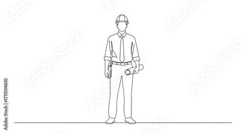 Engineer Standing Minimalist Line Drawing of a Professional with Blueprints, Architecture Concept