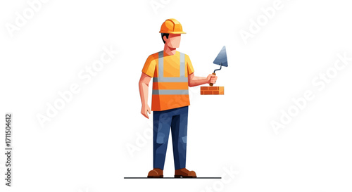 Dedicated male construction worker in safety vest and hard hat, holding a brick and trowel, symbolizing skilled labor, professional building, and industrial craftsmanship