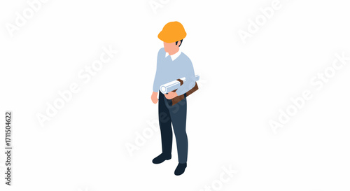 Isometric Illustration of a Construction Worker Holding Blueprints in a Minimalist Style