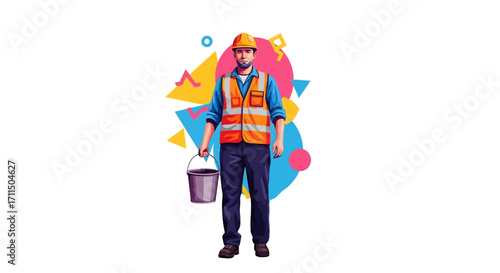 Construction worker with bucket carrying out renovation and repair tasks on a colorful background