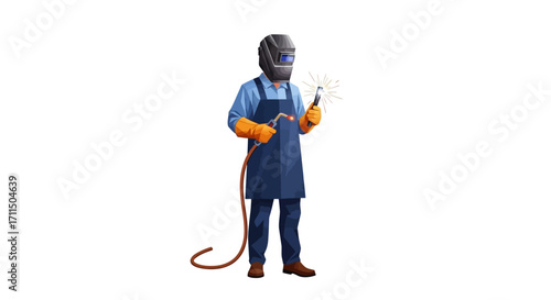 Illustration of a professional welder in full protective gear, including a helmet and gloves, holding a welding torch with sparks on a white background
