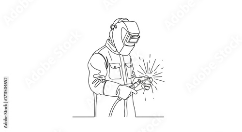 Continuous one line drawing of a welder in a protective helmet, skillfully joining metal with sparks. Concept of industrial craftsmanship and fabrication