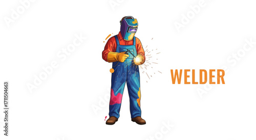 Illustration of a welder in protective gear, sparks flying as they work, symbolizing craftsmanship and industrial labor