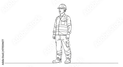 Clean line drawing of a focused male industrial worker wearing a hard hat, reflective vest, and work attire, symbolizing safety, skilled labor, and professional commitment on a job site