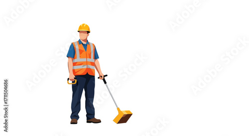 Construction worker wearing a hard hat and safety vest, holding a push broom, ready for cleaning or maintenance work on a construction site