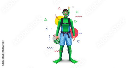 Diver Ready for Underwater Adventure Vibrant Illustration