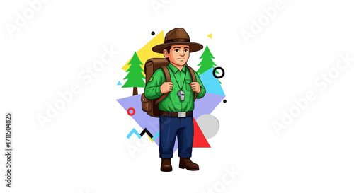 Conceptual illustration of a young scout ready for a camping adventure, with a backpack and whistle against a colorful geometric and forest background