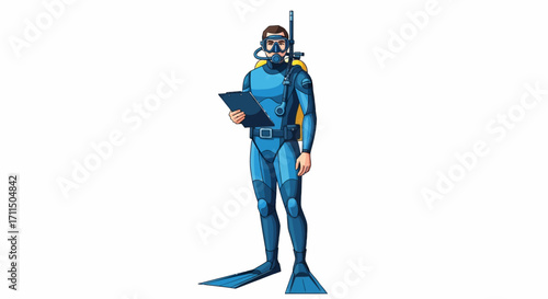 Professional Male Scuba Diver in Full Wetsuit and Snorkel Gear, Equipped for Marine Exploration and Scientific Data Collection, Holding a Clipboard