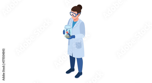 A female scientist in a white lab coat and safety goggles holds a glass jar containing a specimen, representing scientific research and discovery