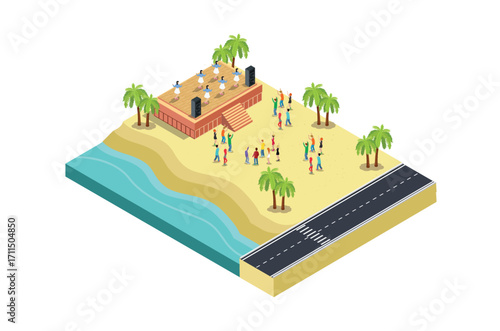 Illustration of a music event festival on a beach with blue sea, highway and parked vehicles in a row, 3d concept of isometric view of concert party background and stage landscape.