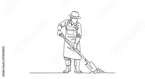 Line Art Illustration of a Gardener Using a Shovel