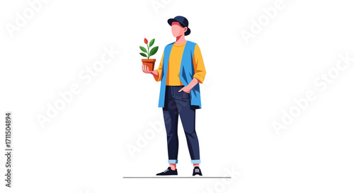 Vector illustration of a person cultivating a small plant, symbolizing a green lifestyle, mindfulness, and personal growth