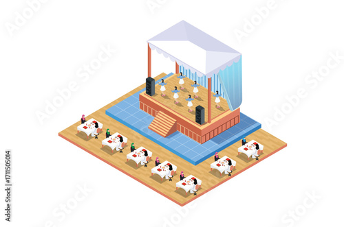 Illustration of Musical entertainment in a restaurant with people eating, 3d Concept Isometric View of Concert Party Elements Background and Stage Landscape.