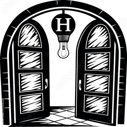 Vector illustration of a vintage church door with an arched wooden frame and a window