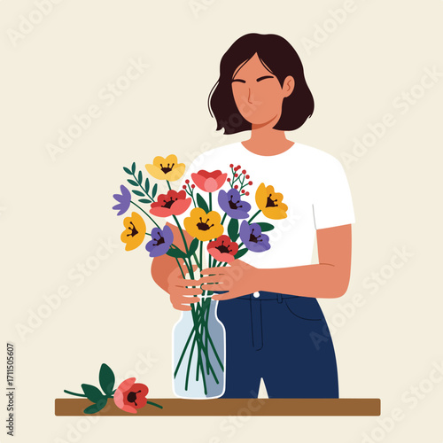 Woman with bob haircut arranges colorful flowers into a glass vase on a wooden surface
