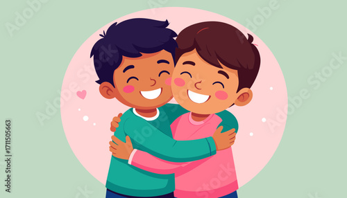 Two boys hugging with smiles illustration
